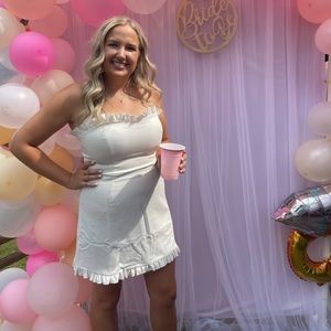 Strapless ruffle white mini dress